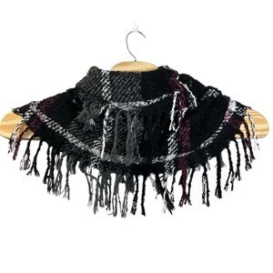Kismet infinity scarf black‎ burgundy white fringed knit plaid